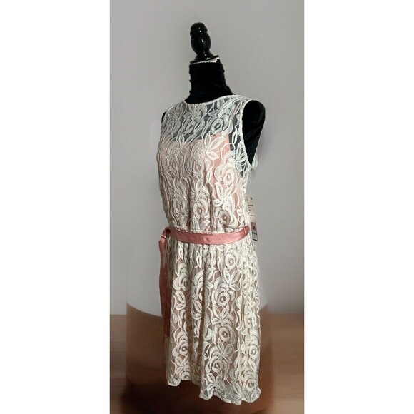 Sienastudio Lace Overlay A Line Dress Peach Under With Ribbon Sash. Size 16 New - Picture 3 of 11